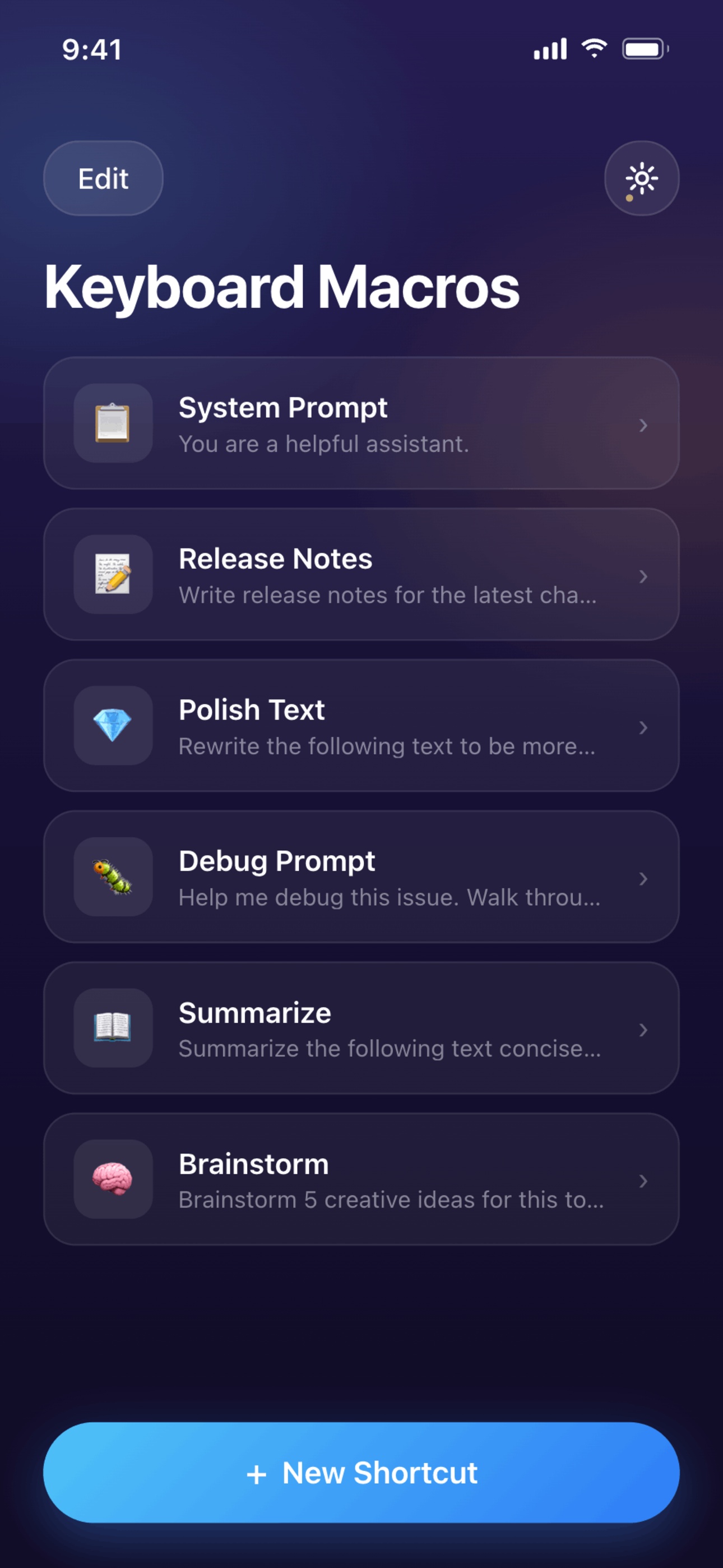 Shortcut list with macros like Polish Text, Brainstorm, Debug Prompt