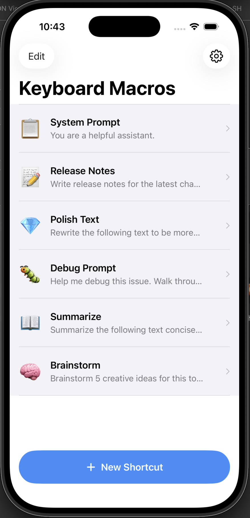 Shortcut list with macros like Polish Text, Brainstorm, Debug Prompt