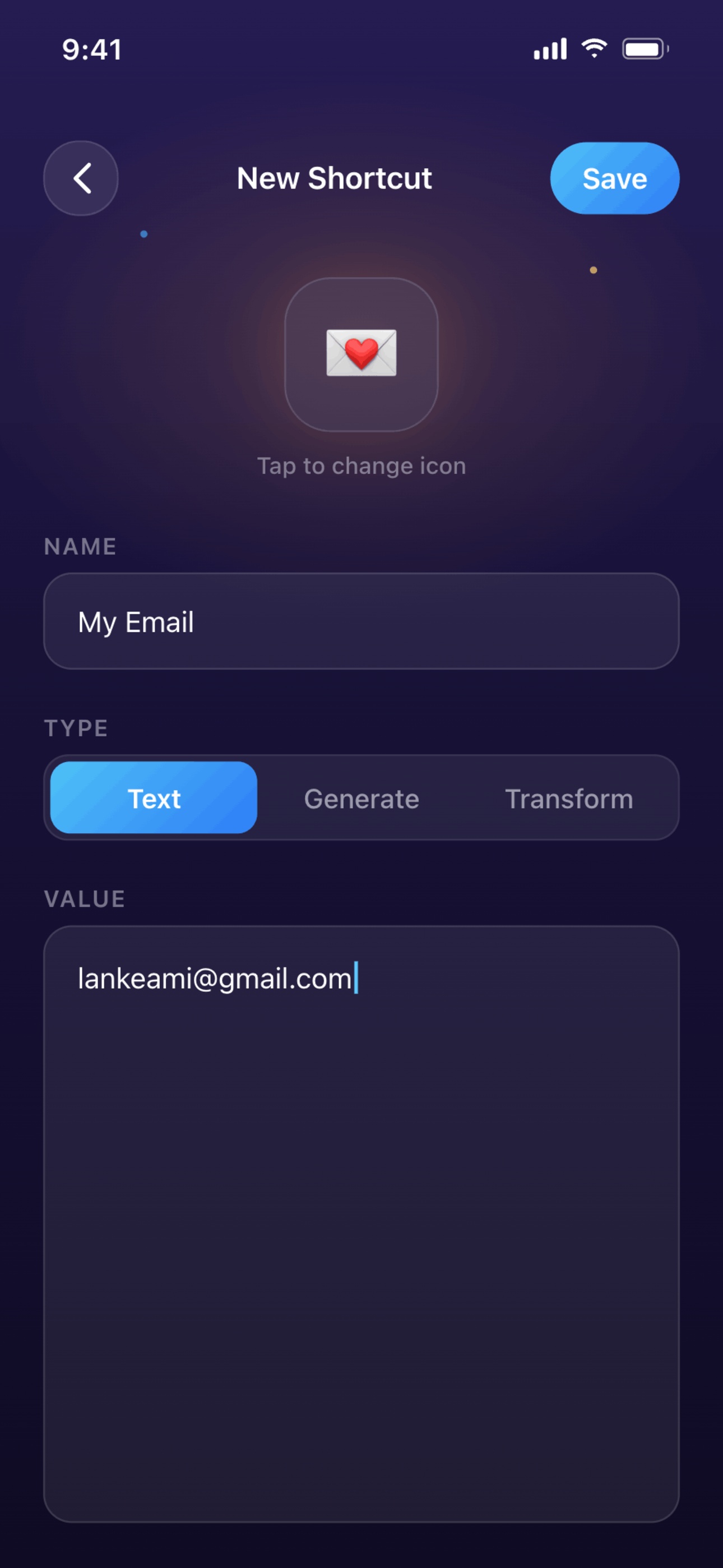 Shortcut editor with Text / Generate / Transform picker