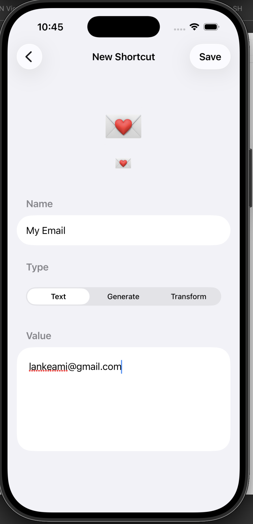 Shortcut editor with Text / Generate / Transform picker